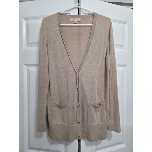 Michael Kors Beige Button Up Long Sleeve Sweater with Roll Tab Sleeves, Large - Picture 1 of 8